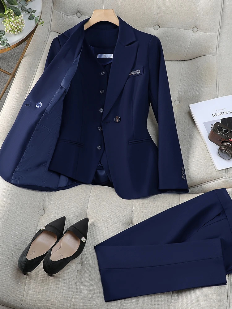 Women Vest Blazer Jacket and Pant Suit Pink Blue Apricot Office Ladies Business Work Career Wear Formal 3 Pieces Set 251106