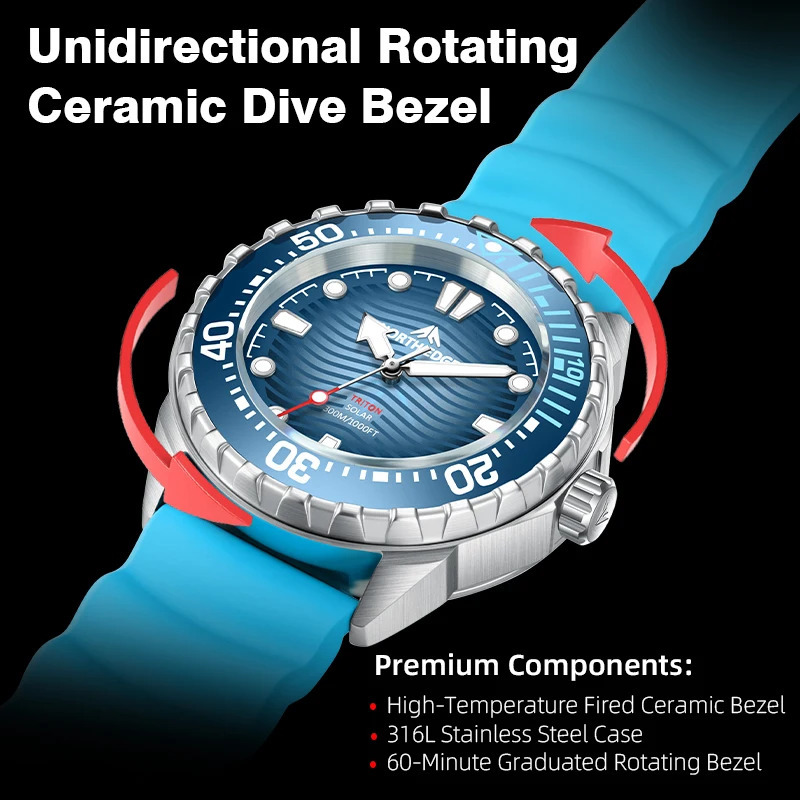NORTH EDGE TRITON Solar Powered Diving Watch for Man Quartz Wristwatches 316L Stainless Steel Case 300M Waterproof 251106