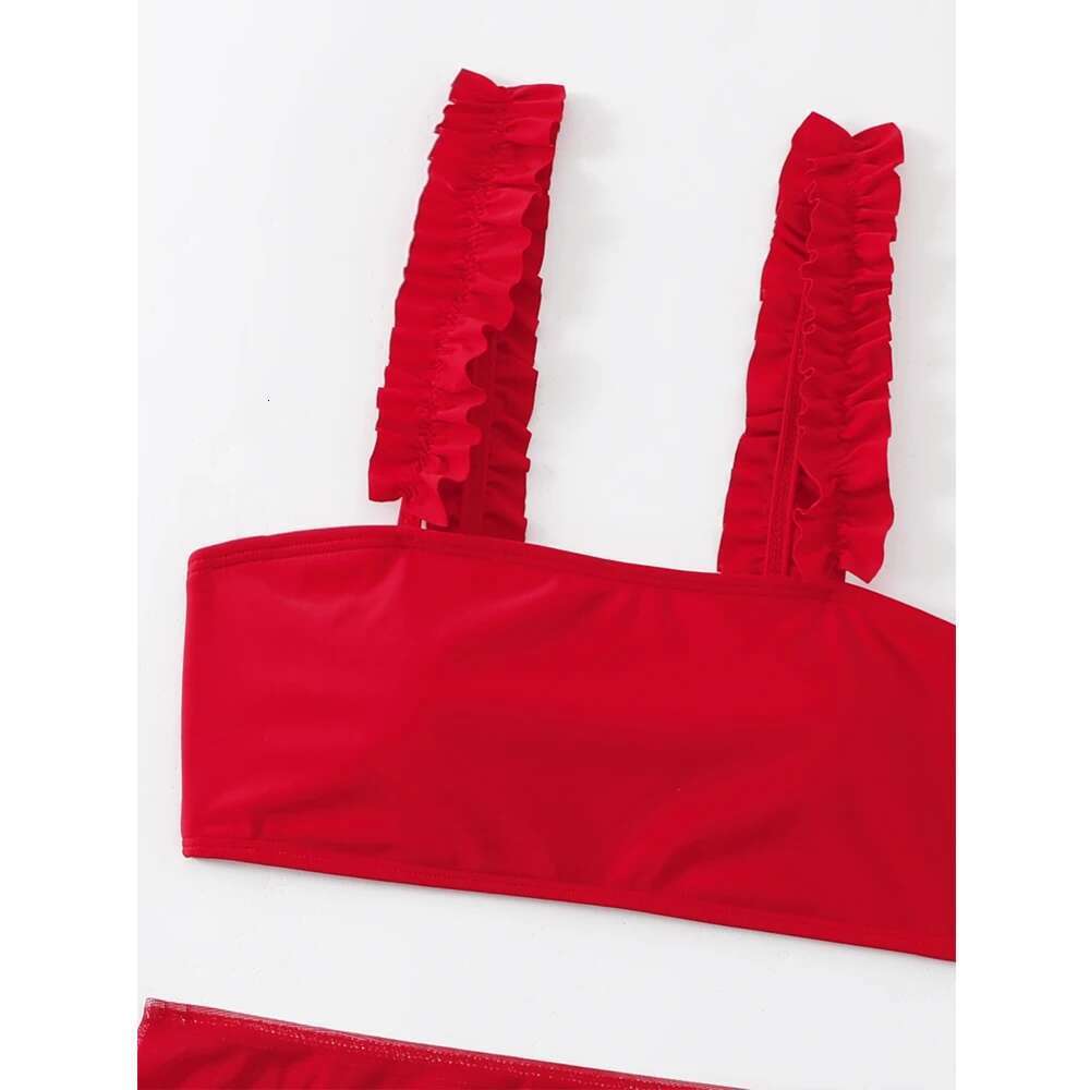 2023 Red Swimsuit Women Sexy High Waist Skirt Three-Piece Bikini Ruffle Suspender Chest Wrap Swimwear Summer Beach Bathing Suit