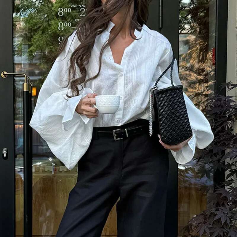 Women's Fashion Lapel Single Breasted Big Size Blouse Spring New Arrival Lantern Sleeve Loose Shirts Female 33A2702