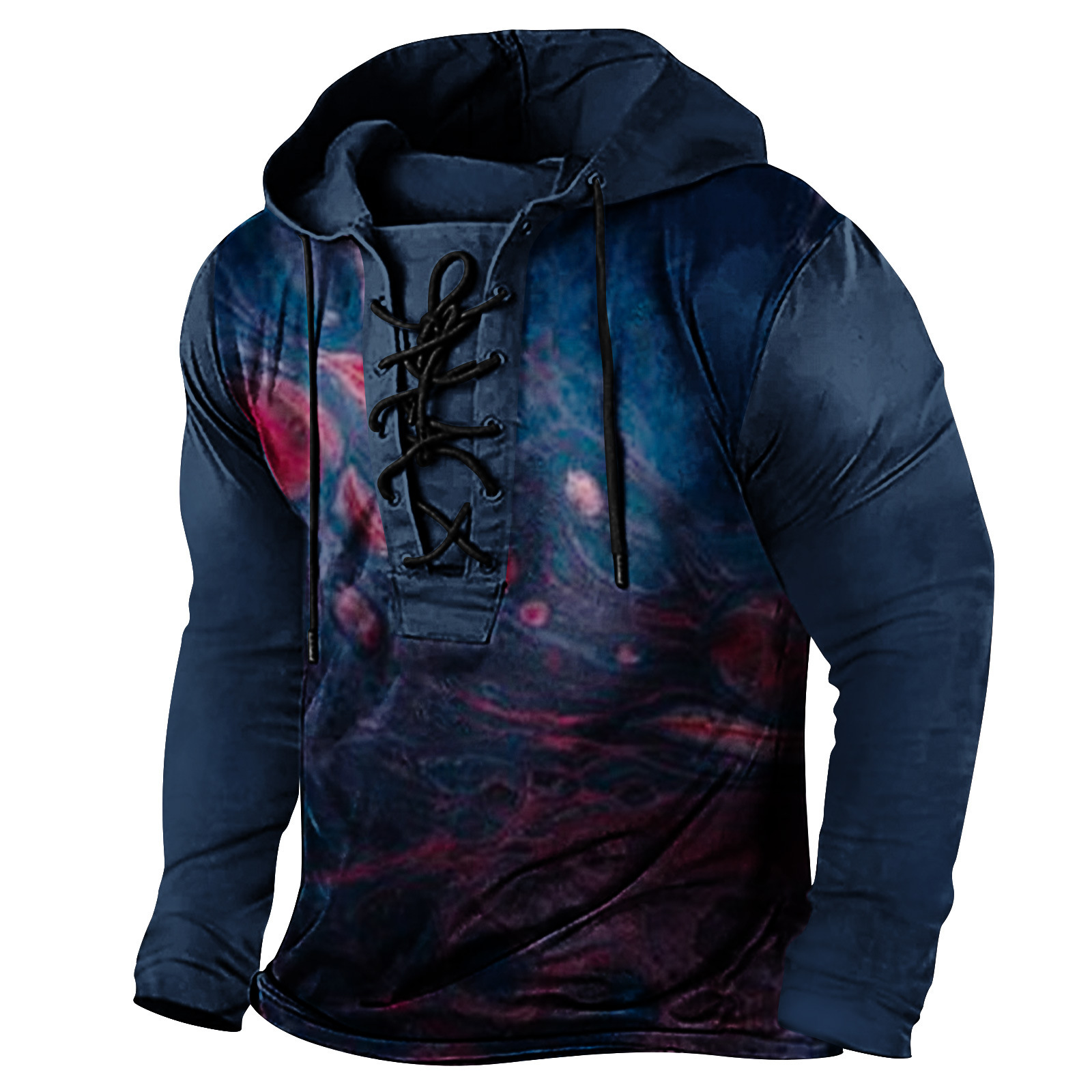 2024 Spring New Mens Digital Printed Strap Up Large Hooded Long Sleeve T-shirt Mens Wear