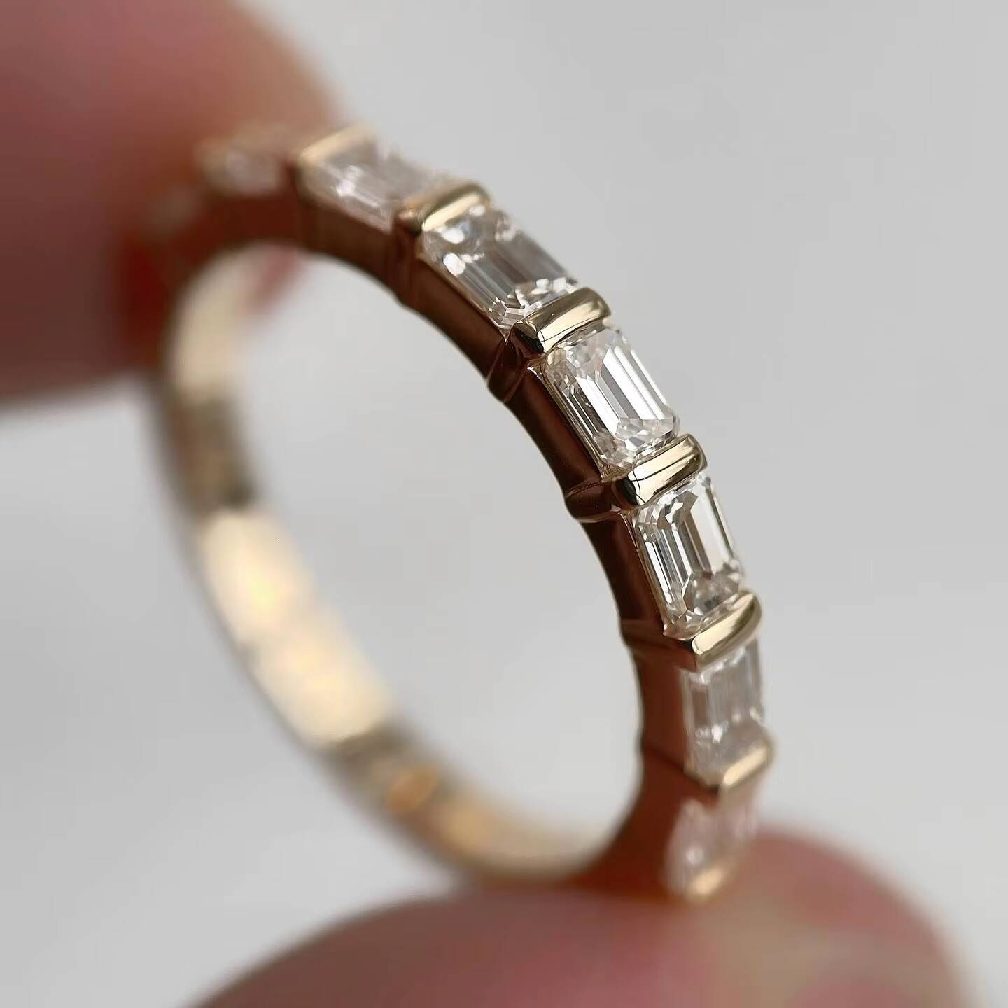 18k Yellow Gold 32 mm Vermeil Engagement Ring VS1 Full Eternity Lab Grown Diamond Band East West Emerald Cut Wedding Band