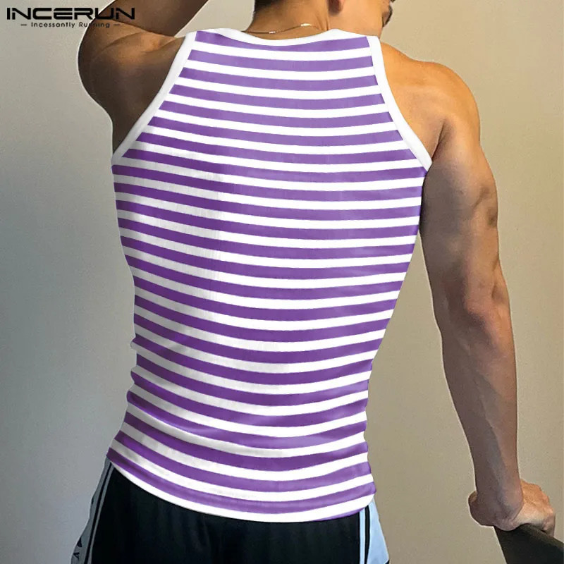 INCERUN Mens Striped Tank Top Square Collar Sleeveless Fitness Summer Mens Street Clothing Fashion Casual Mens Clothing 250403