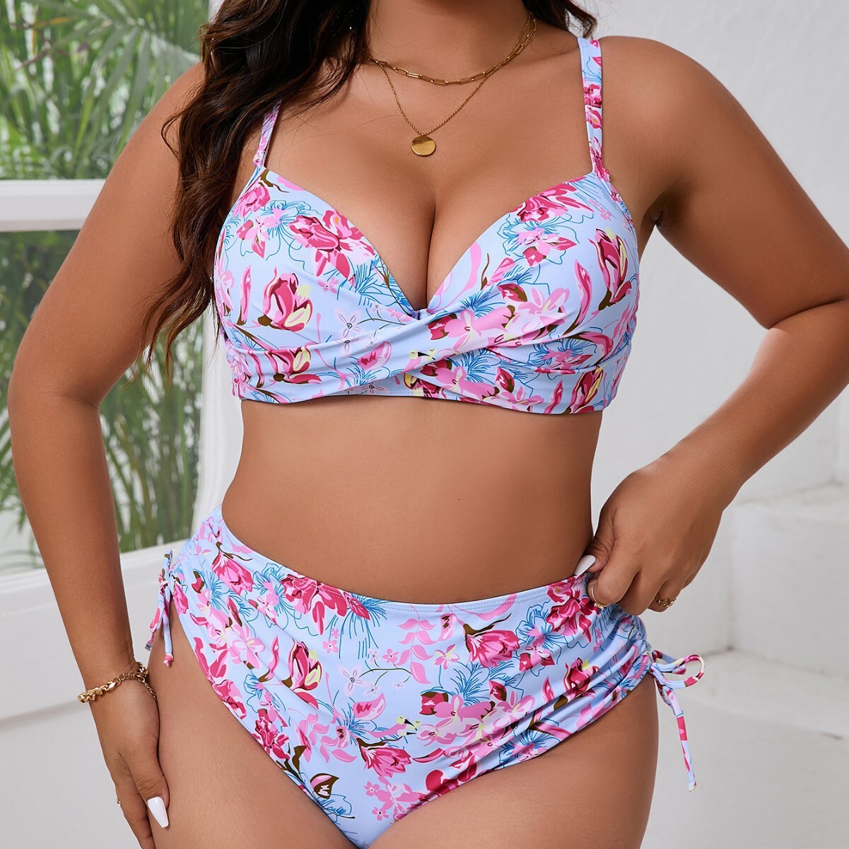 Fashionable new split size bikini women's digital printed steel holder gathering drawstring triangle pants swimsuit