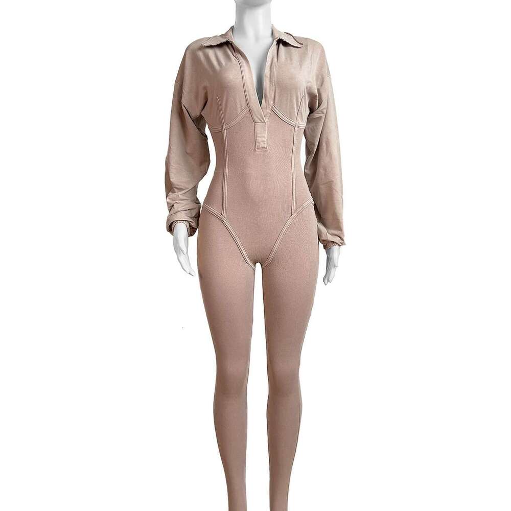HR24102 European and American Fashion Women's Clothing Washed Vintage Sexy Deep V Tight Long Sleeve Autumn Winter Jumpsuit
