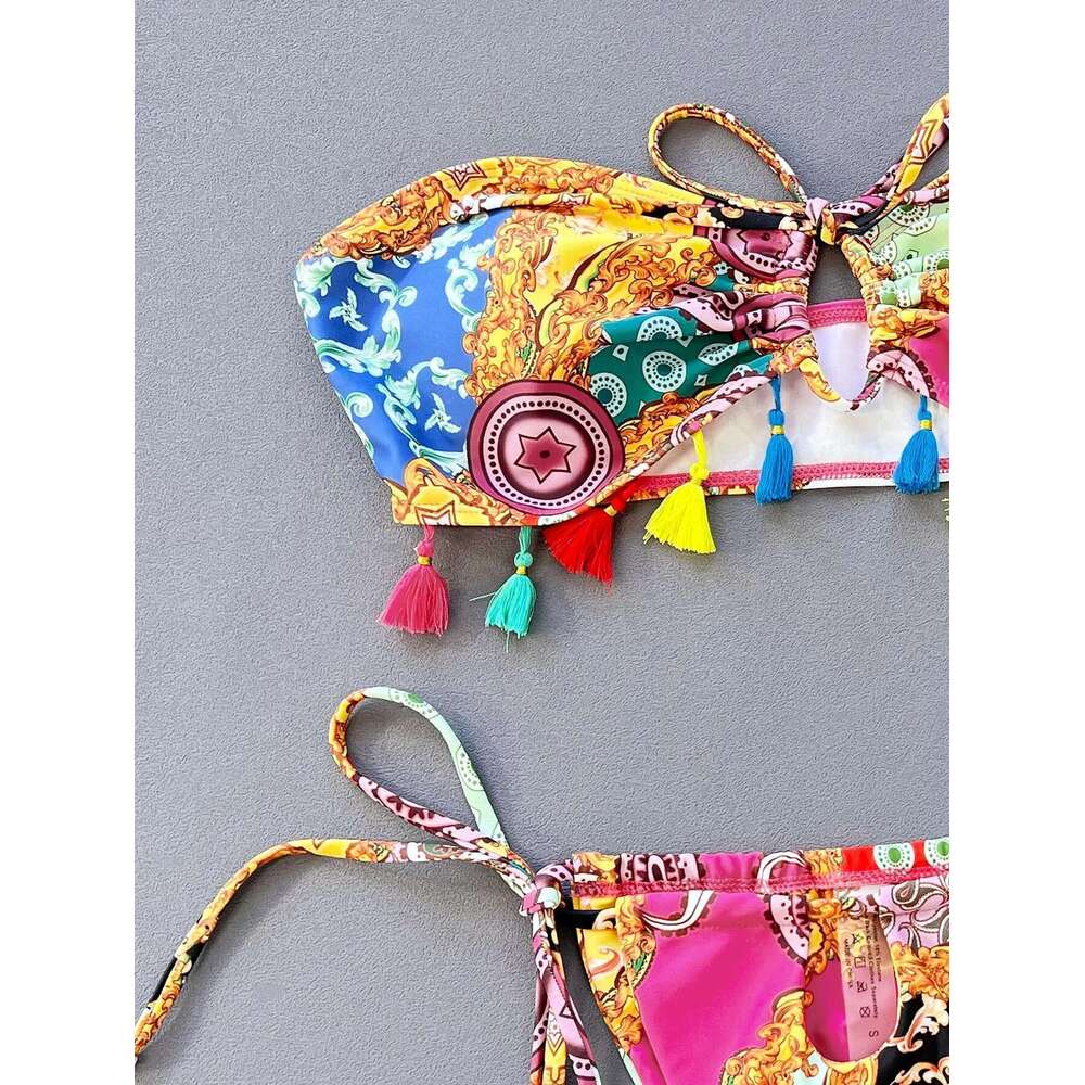 Strapless Swimsuit Women 2023 High Waist Thong 2 Piece Bikini Sexy Print Backless Beach Bathing Suit Lace Up Swimwear XMC823K