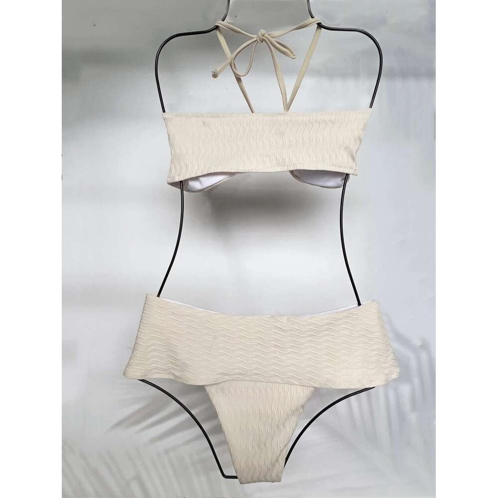 Women's Swimsuit,beige 2-piece Ruffle Beach Bikini,Suspender Halter Backless Swimwear,Solid Color Summer Bathng Suit,2025 New