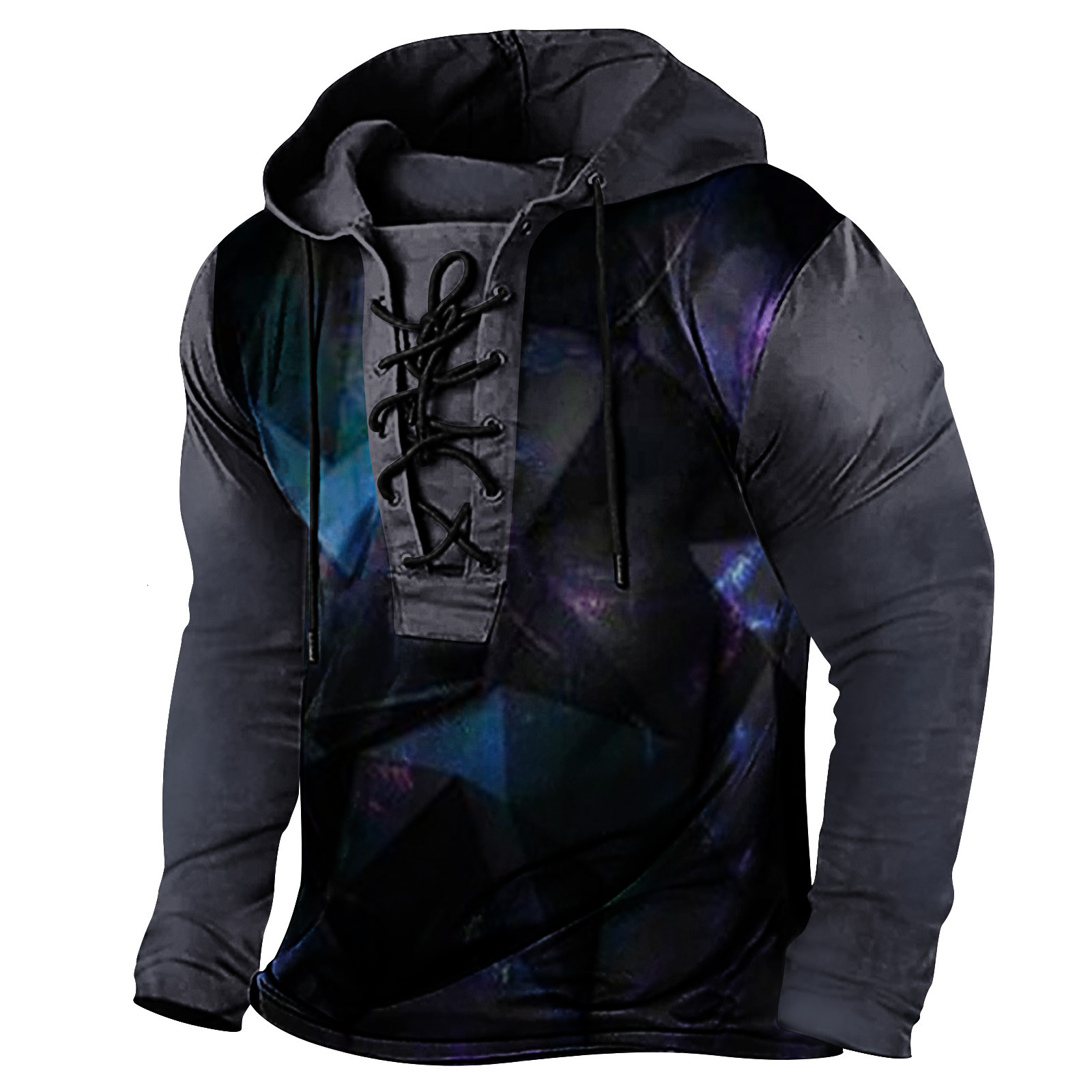 2024 Spring New Mens Digital Printed Strap Up Large Hooded Long Sleeve T-shirt Mens Wear