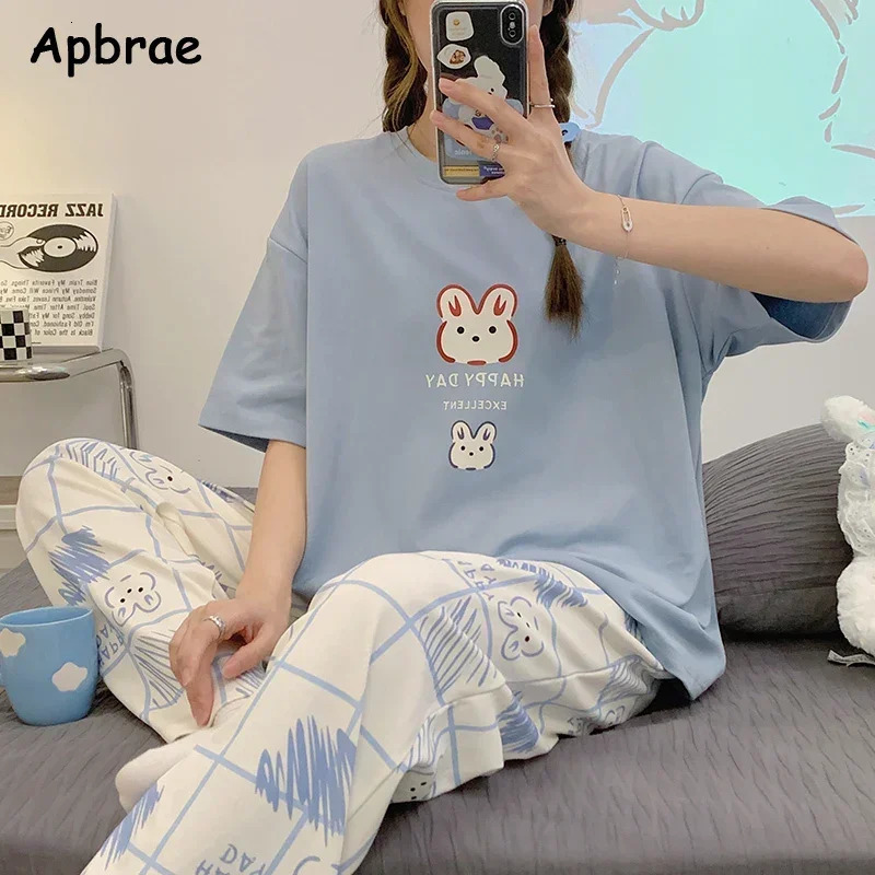 Pajama Soft Cotton Pajamas for Women Summer Short Sleeved Plaid Pants Pijamas Korean Kawaii Rabbit Print Sleepwear 250402