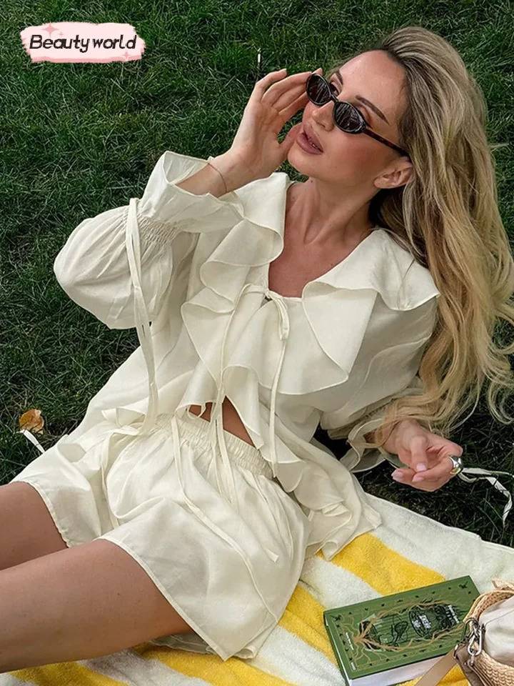 Summer holiday long sleeved pleated lace chiffon shorts set for womens casual V-neck solid loose shorts set womens clothing 250402