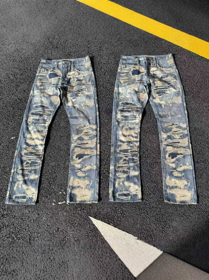 2025 New Printed stone-washed distressed straight-leg wide-leg loose boot-cut jeans C251106