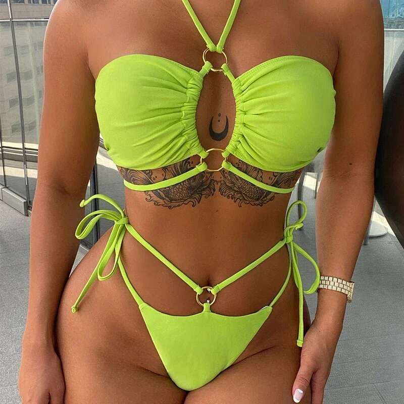 2024 Pleated Fabric Sexy Cross Bandage Halter Swimwear Two Piece Bikini Summer Cut Out Bathing Suit High Waist Beachwear