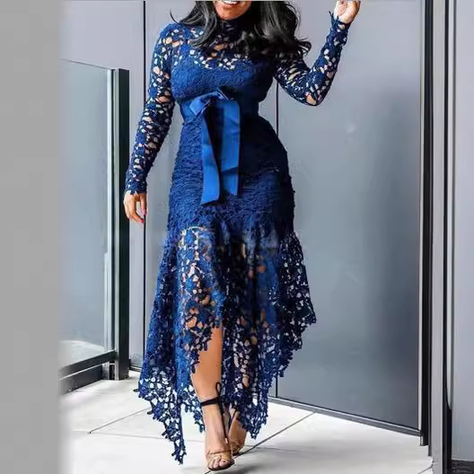 Small Batch 2025 New Womens Lace Hollow Out Long Sleeved Stand Up Collar Irregular Dress