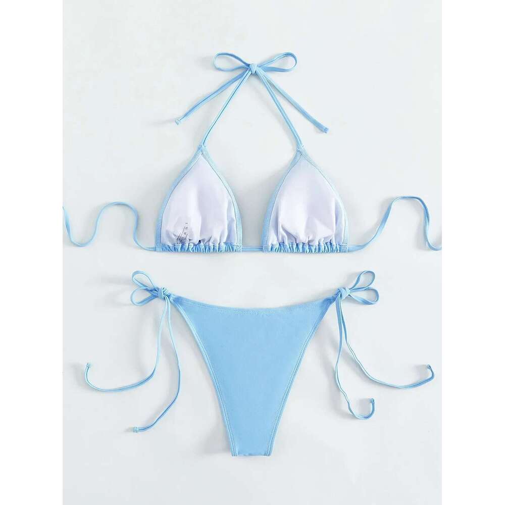urious Rhie Swimsuit women,Blue 2 Piece Bikini Set Sexy V-neck Suspender Lace-Up Bathing Suit Summer Beachwear 2024
