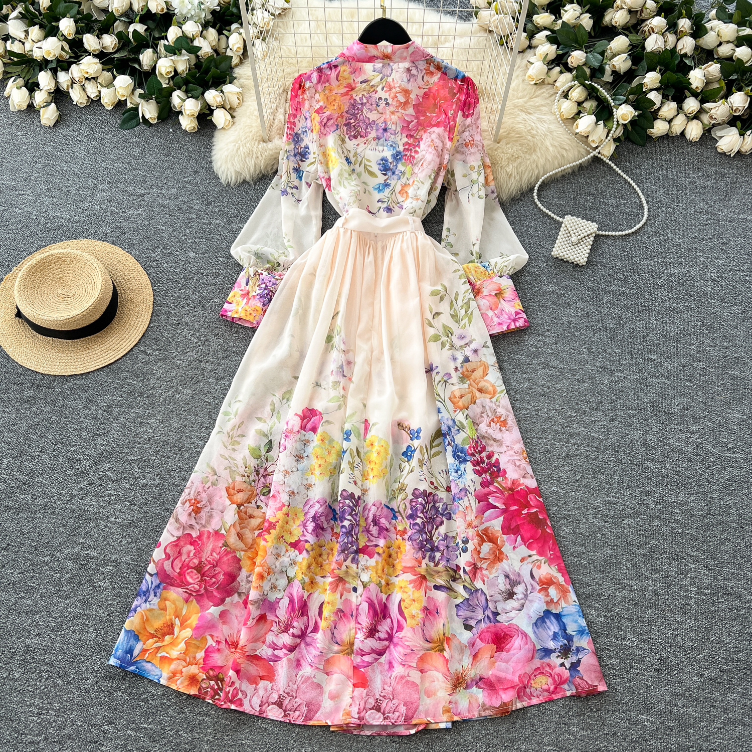 Two Piece Dress Summer Holiday Chiffon Gorgeous Flower 2 Piece Set Women Long Lantern Sleeve Shirt Blouse and High Waist A-Line Long Skirt Suit 2025