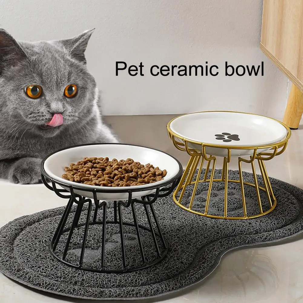 Cat Bowl Lifting Ceramic Lifting Iron Bracket Protection Ceramic Vertebra Cat Dog Drinking Plate Pet Supplies 250403