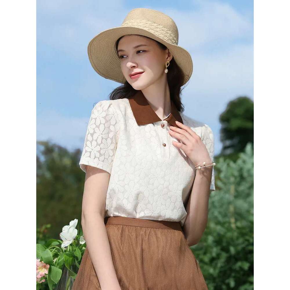 French Lace Shirt For Women Polo Neck Short-Sleeve Hollow Gentle Summer New Slim Female Clothes