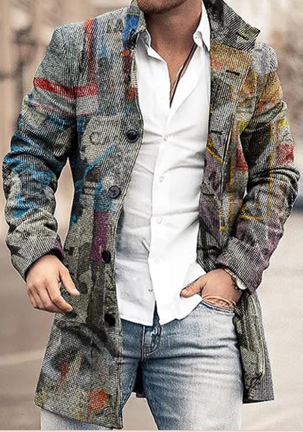 New mens 3D printed woolen stand up collar mid length casual pocket coat jacket
