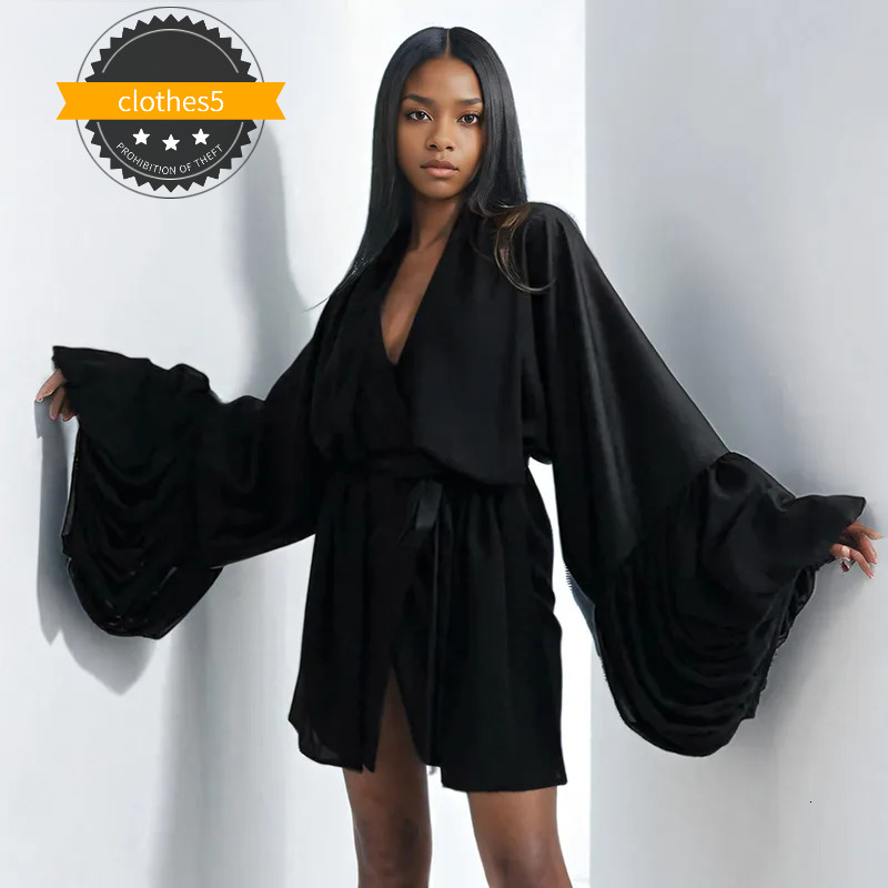 Women's Fashion Long Flare Sleeves Female Satin Solid Color V-Neck Lace-Up Pleated Dresses Spring New 33A3775