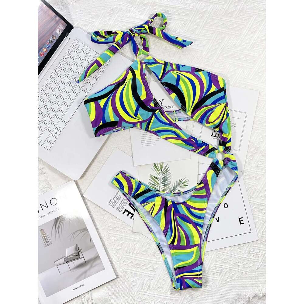 One Piece Bikini Women 2023 Colored Printed Swimsuit Irregular Hollow Out Halter Swimwear Summer Beach Bathing Suit XMC186W