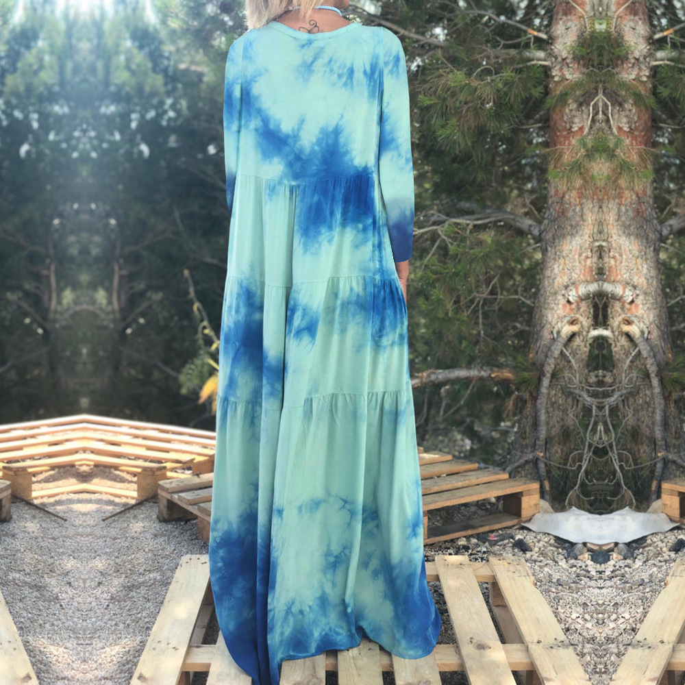 2025 Spring/summer New Dress Printing and Dyeing Collar Long Sleeve Temperament Gradient Big Swing Long Dress