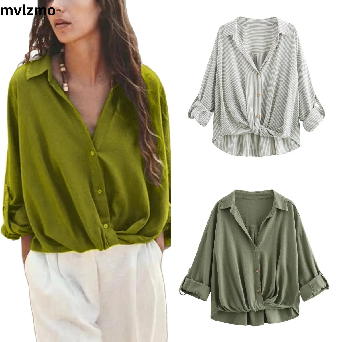 Europe and the United States wind solid colour loose womens linen shirt long-sleeved button up chic blouse womens fashion 250402