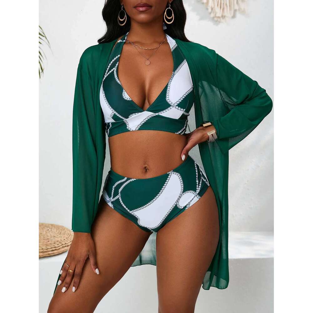 Green Print 3-piece Swimsuit for Women,long Sleeve Mesh Cover-ups Bikini,high Waist,V-neck Halter Backless Swimwear,2024 New