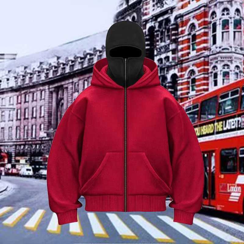 Balaclava Men Zip Hoodie Winter Warm Casual Sweatshirt Y2K with Hooded Face Mask Zipper Design Sports Jacket Outdoor Activities W251106