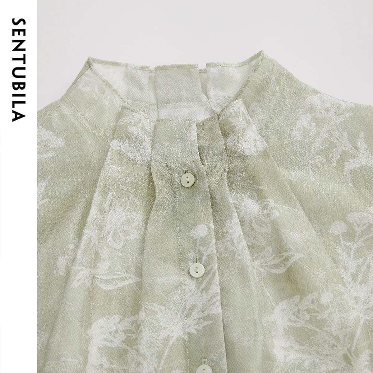 SENTUBILA Lyocell Printing Shirts Womens Spring 2025 Straight Chiffon Stand Neck Flare Sleeve Ruffles Cozy Blouses 151C58061