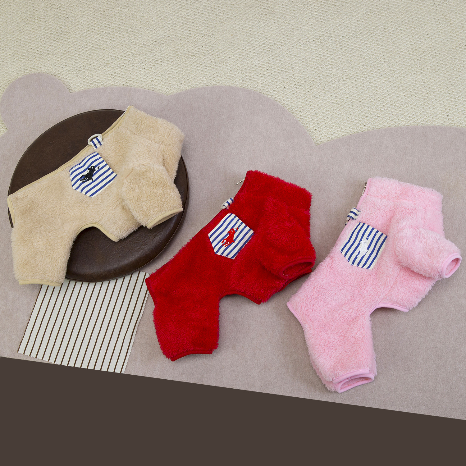 Soft Fleece Pet Dog Jumpsuit, Warm Winter Dog Clothes with Cute Embroidery & Striped Pocket, for Small Medium Dogs, Fashionable Outfit with Zipper Des