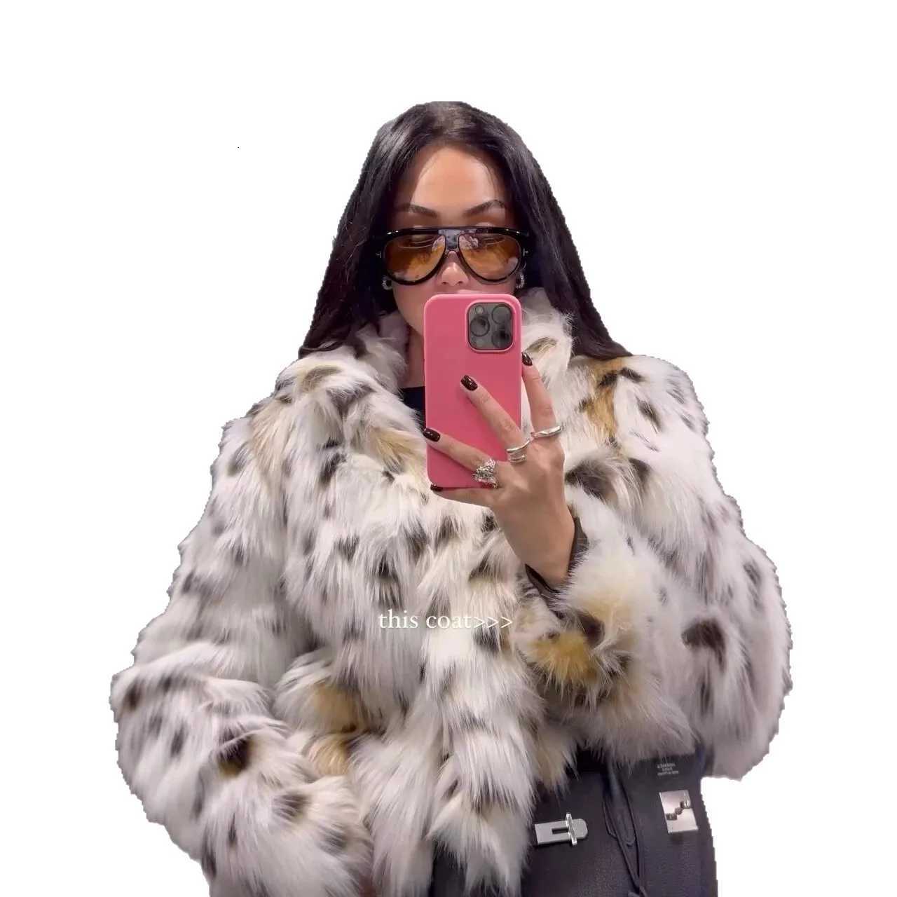 Designer woolen coat Faux Fur Coats Women Casual Short Fur Leopard Print Patchwork Long Sleeves Stand Collar Thick Warm Fur Street Wear 2025 WinterY25