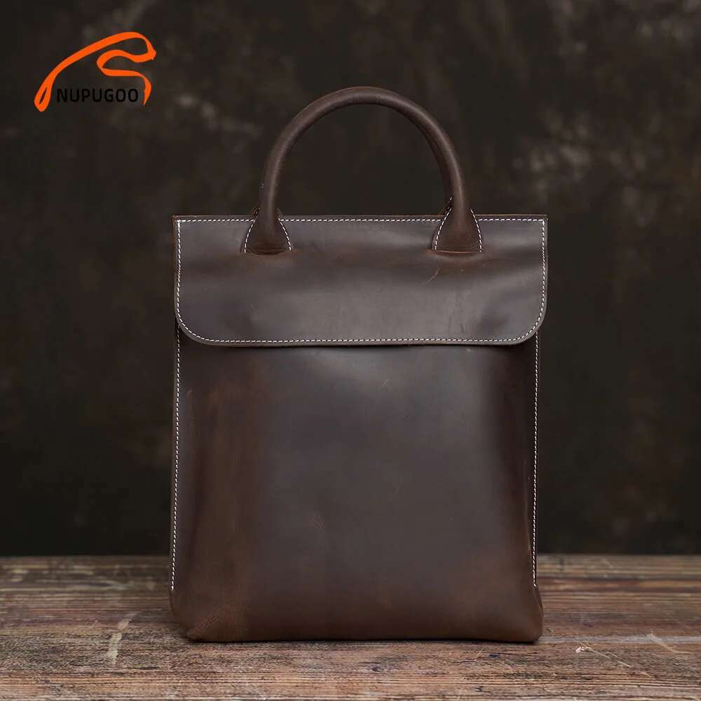 NUPUGOO Vintage Men's Briefcase Genuine Leather Casual Handbag Business Tote Bag Shoulder Office Worker Bags For 12.9 Inch Ipad
