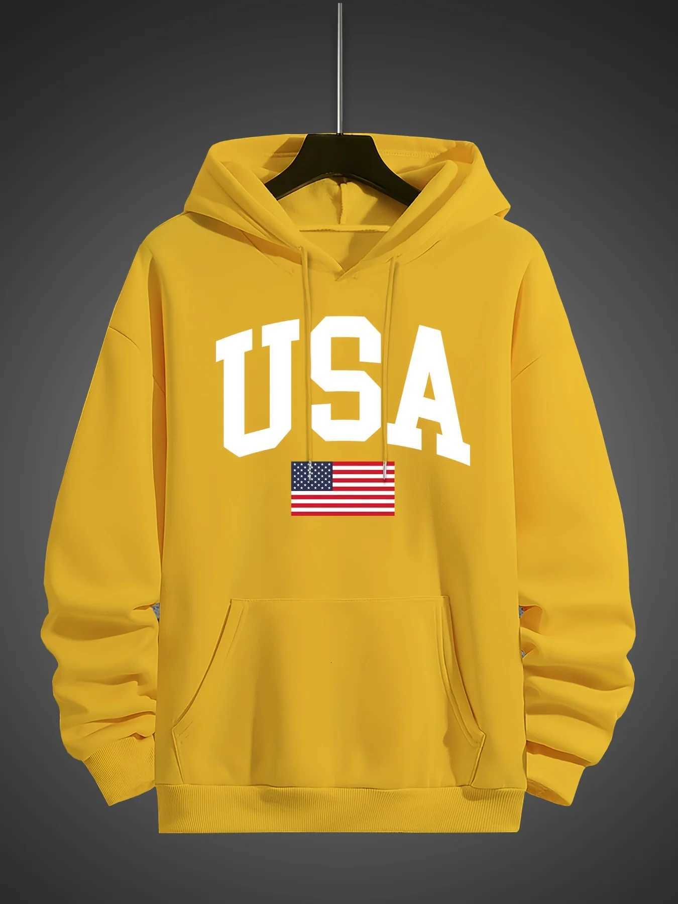 Mens autumn and winter fashionable casual loose oversized American flag printed pullover hooded long sleeved sweatshirt W251106