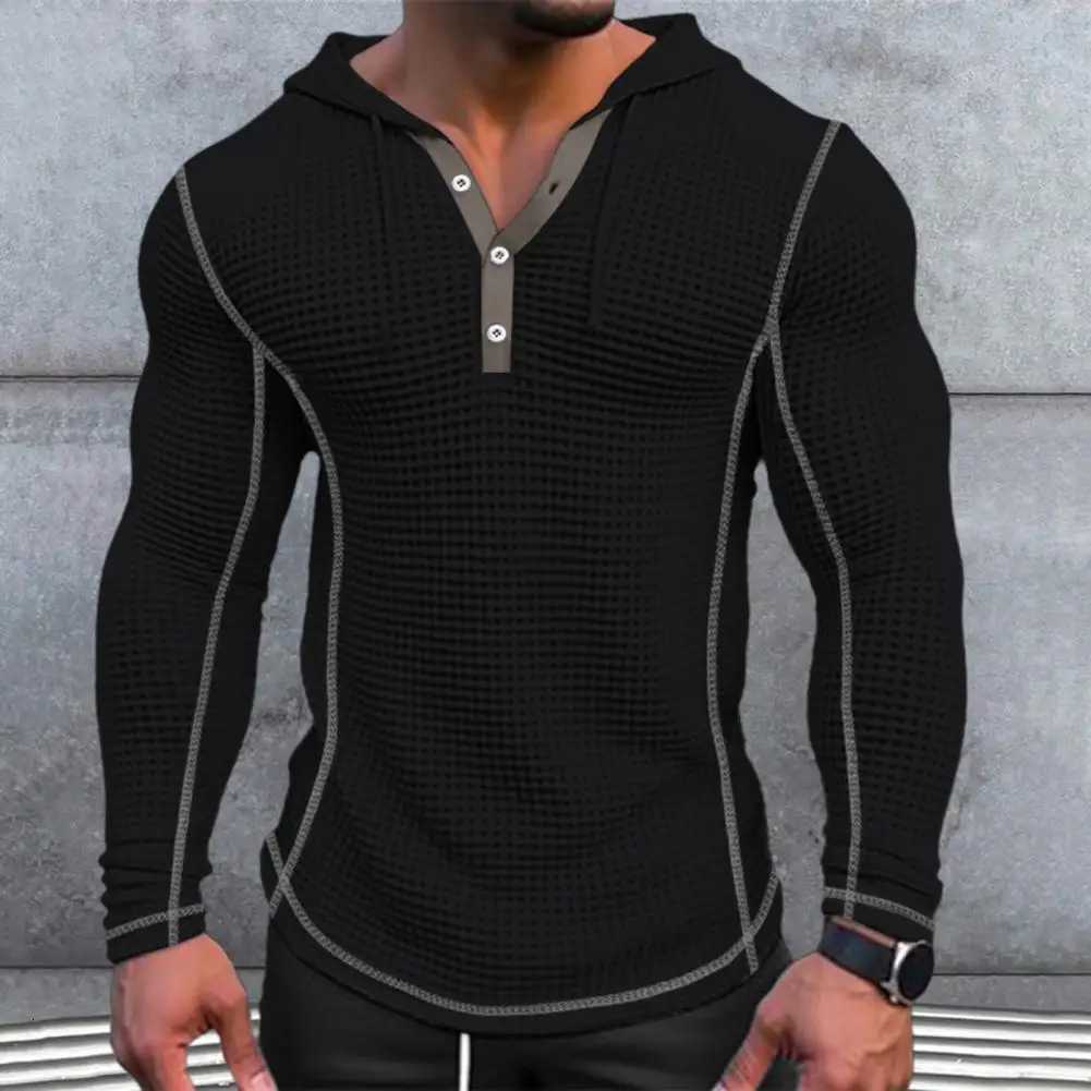 Breathable Waffle Fabric Sweatshirt Stylish Mens Waffle Cotton Hoodie Slim Fit Button Closing Breathable Long for Fashionable W251106