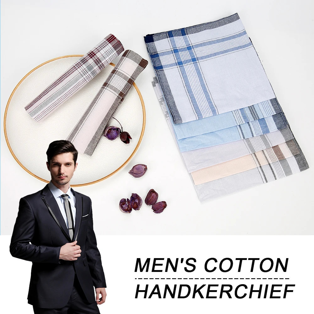 10Pcs Cotton Handkerchiefs Soft Stripe Checkered Pattern Pocket Square Hankies Gentleman for Men Cotton Wedding Suit Handkerchie 250403