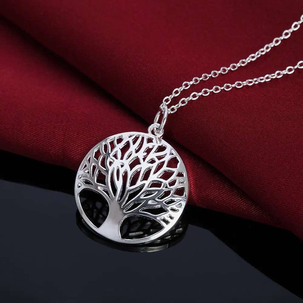 Sterg Sier Charm Round Tree of Life Earrings Necklace For Women Fashion Wedding Christmas Jewelry Set