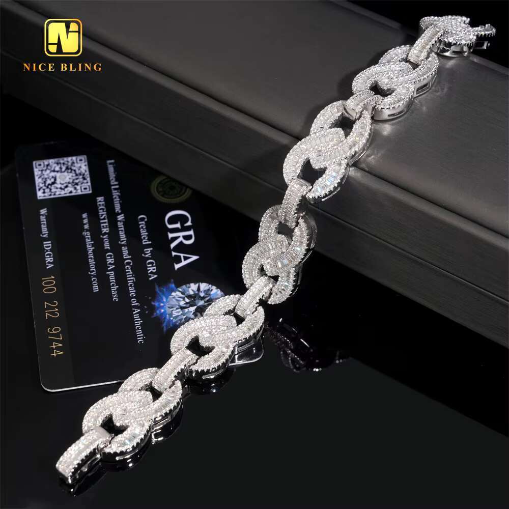 Baguette Custom15mm Iced Out Fine Hip Hop Style Men Jewelry Infinity Cuban Link Chain 925 Silver VVS Moissanite Diamond Bracelet