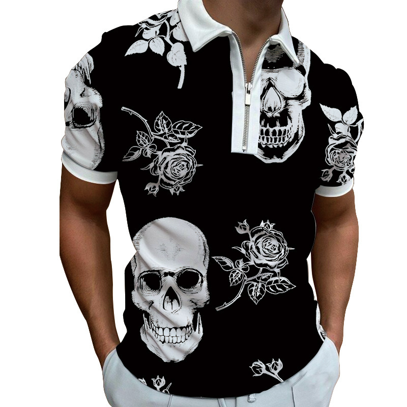 Spring mens printed fashionable casual fashion polyester short sleeved zipper polo shirt mens T-shirt