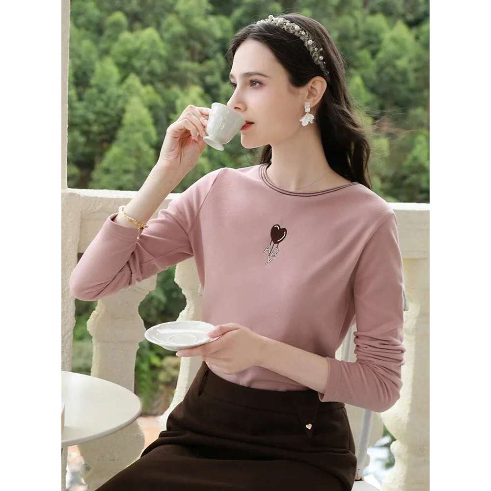 Pink Embroidery Warm Long Sleeved T-Shirt Top For Fall Clothes Women Base Office Lady Shirt