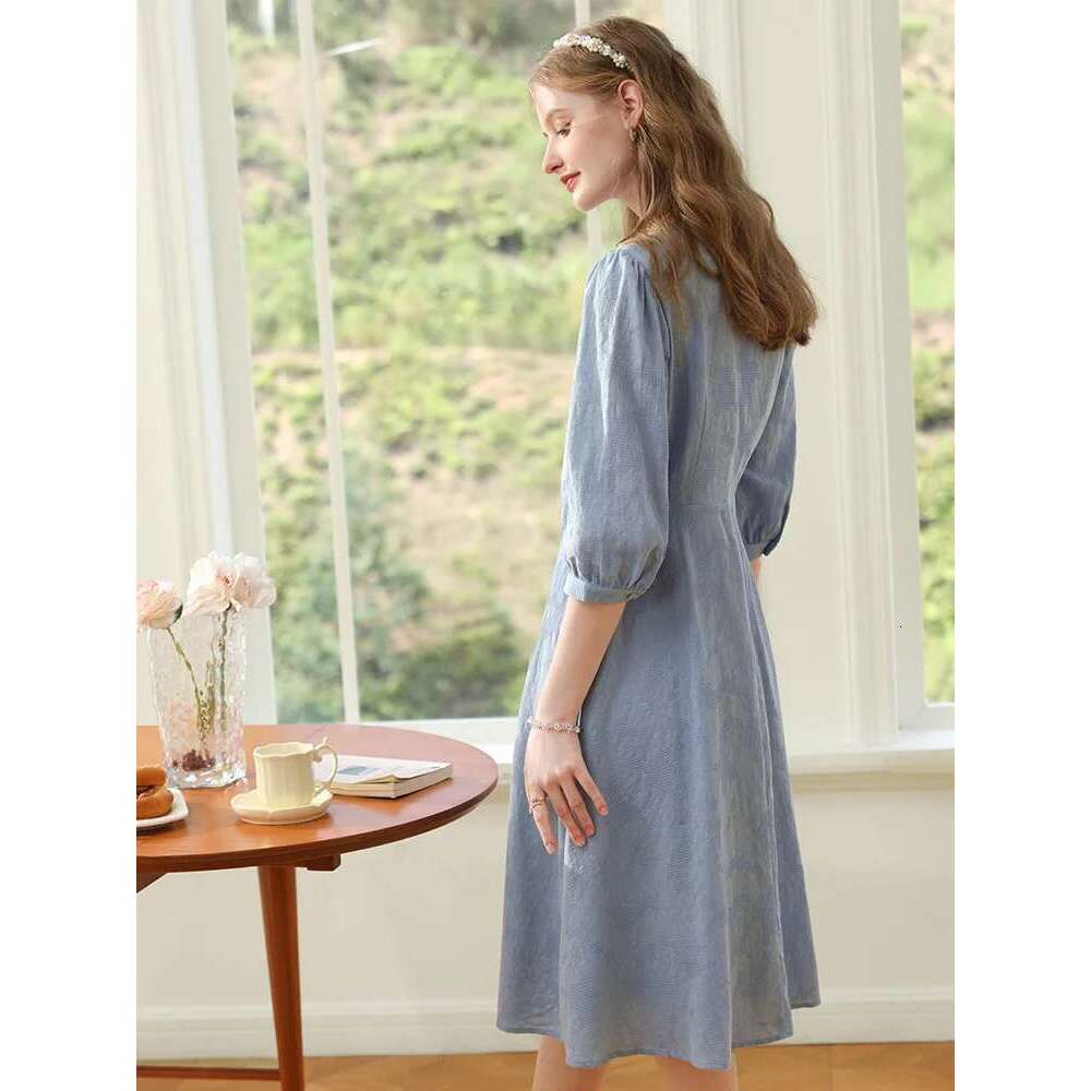 Blue French Dresses For Women Lace Collar Seven Lantern Sleeve Cotton Spring New A-E Lady Dress