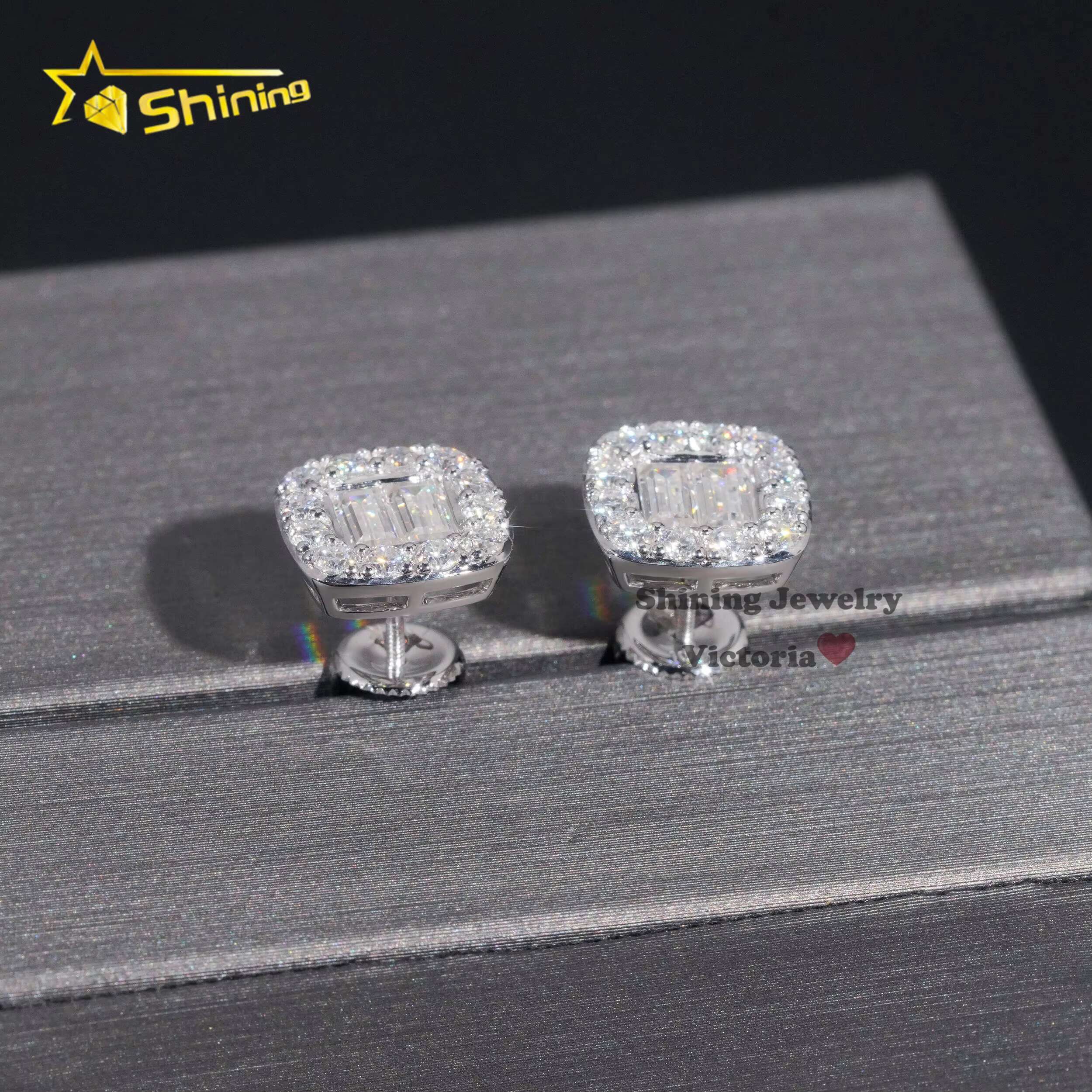 Halo Design Bageutte Stud 10K Soild Gold Mens Hip Hop VVS Moissanite Dia Earrings
