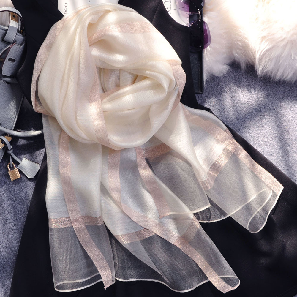 K316 Silk scarf thin women's Korean style versatile gold-stamped edge gauze scarf silk wool thin silk scarf