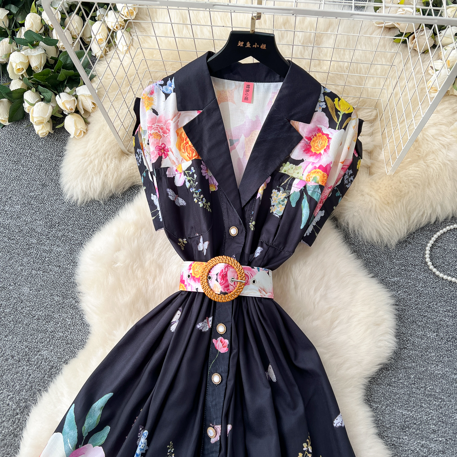 Basic Casual Dresses Elegant Holiday Gorgeous Flower Evening Dresses Women Notched Vintage Print Belt Long Party Dress Female Casual Holiday Clothing 