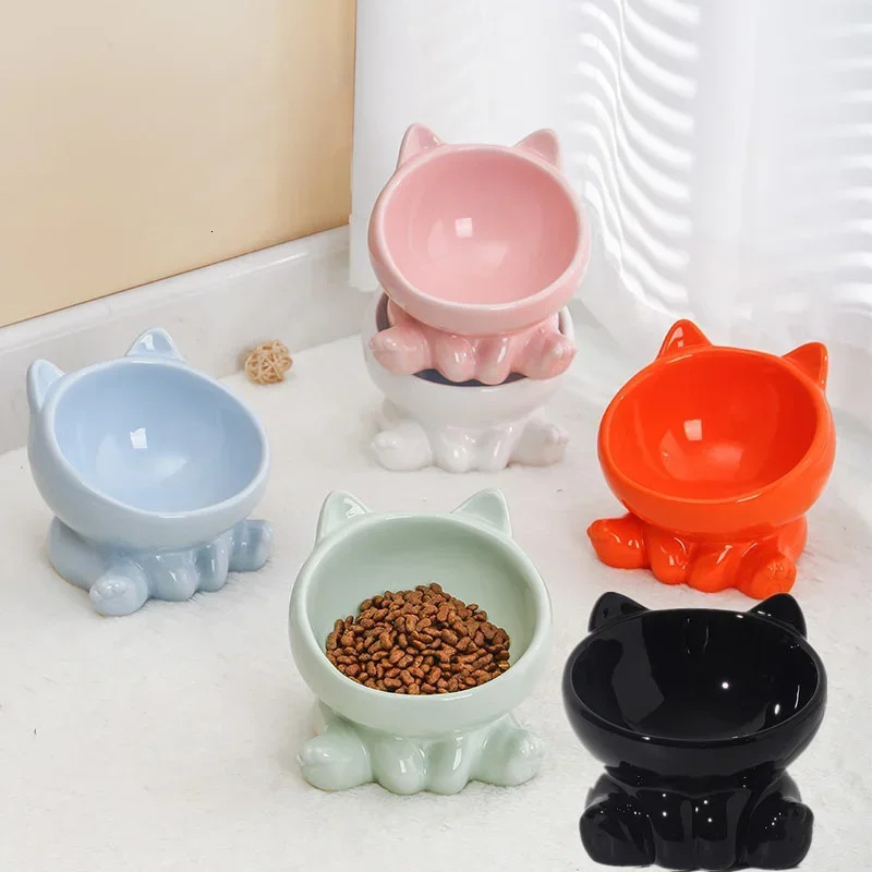 Cat Bowl Integrated Ceramic Diagonal High Feet Cute Protection Ceramic Spine Dog Bowl Beverage Cat Bowl Fighting Black Chin 250403