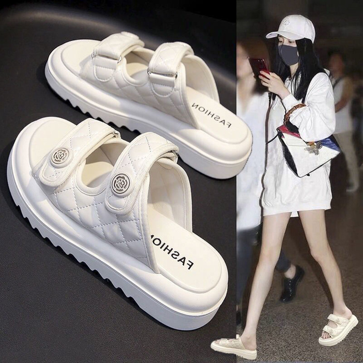 Women 2025 summer new small fragrant wind fish mouth half slippers to wear muffin thick-soled elevation sandals z250708N4U7