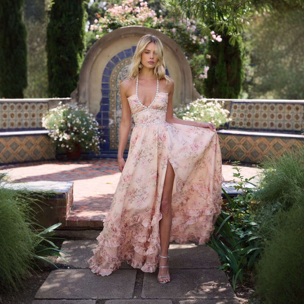 Cross-Border Foreign Trade European and American Women's Clothing Amazon 2025 Summer Fashion Sexy Backless Strap Flared Printed Dress