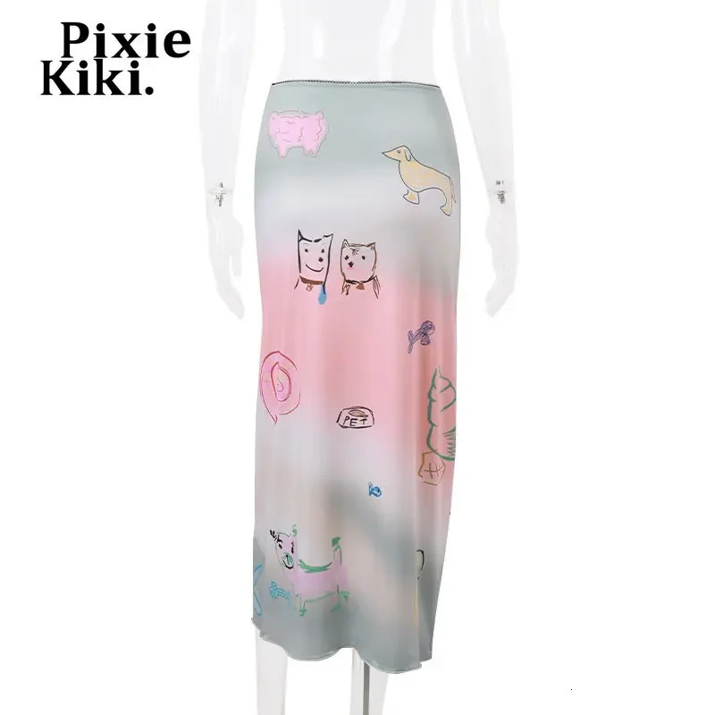 PixieKiki Y2k style long Maxi womens clothing cute core cartoon gradient pink print summer womens clothing P33-BE17 250402