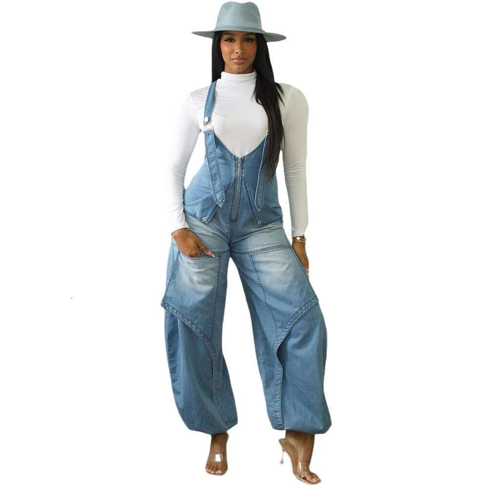 European and American Style Denim Overalls Amazon Cross-Border Autumn Winter Women's Street Casual Zipper Wide-Leg Jumpsuit Long Pants