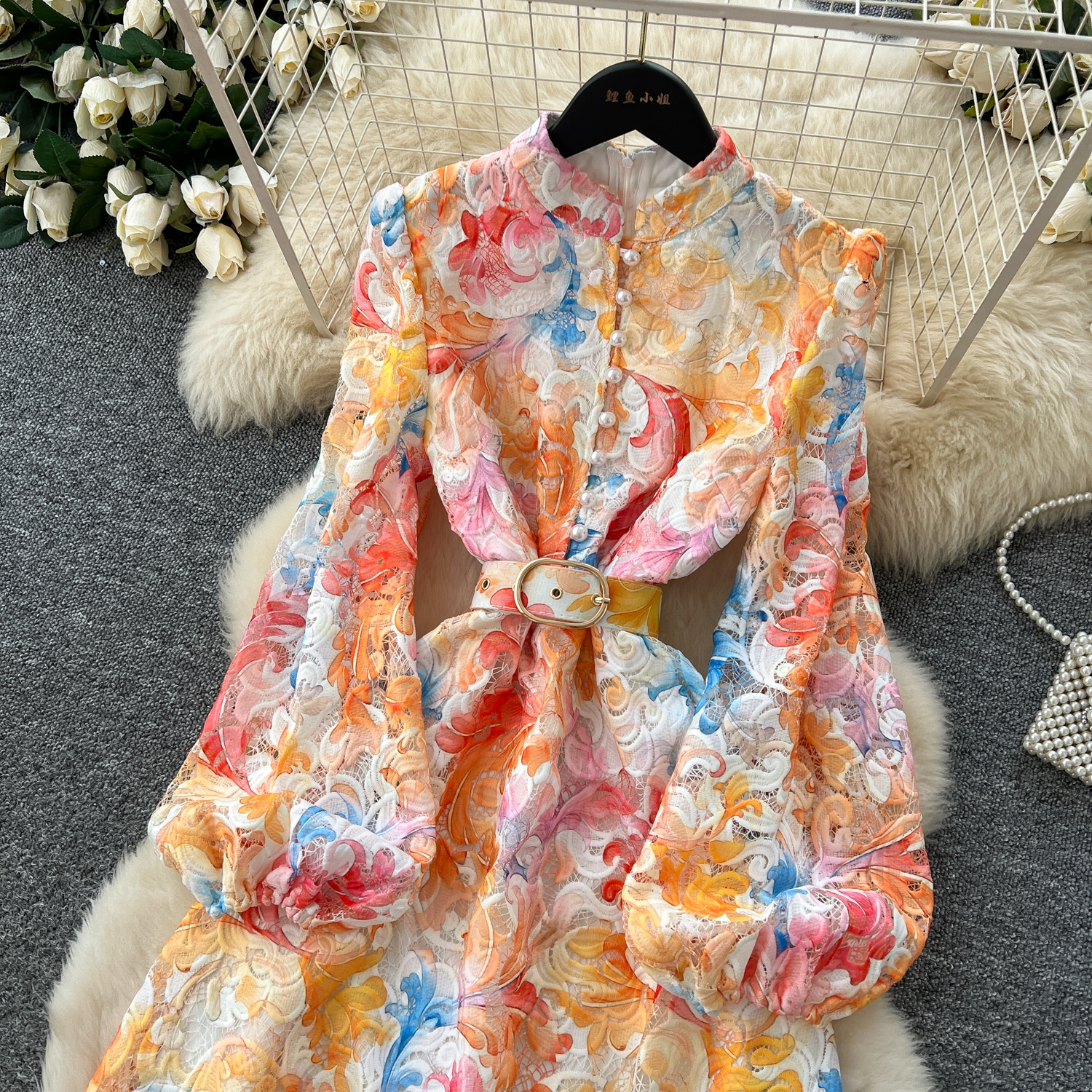 Casual Dresses Crochet Lace Embroidery Hollow Out Floral Print Maxi Dress Autumn Women Long Lantern Sleeve Pearl Buttons Up Belt Prom Clothing 2025