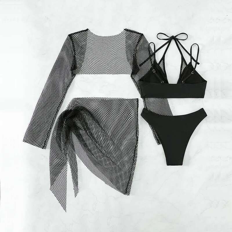 Solid Color Swimsuit Women 2023 Black Long Sleeve Mesh 4 Piece Bikini High Waist V-neck Brazilian Bathing Suit Swimwear OLDL025